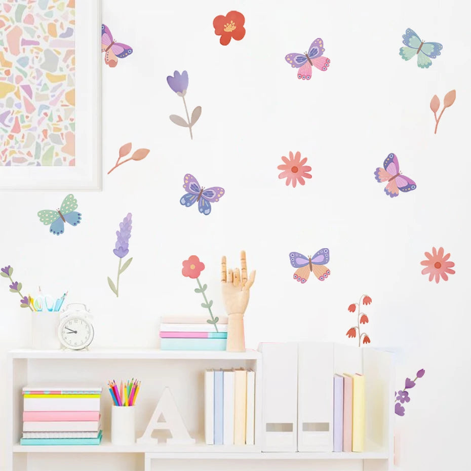 Watercolor Butterfly Flowers Cartoon Wall Sticker Child Room Girls Room Decal Kids Baby Room Bedroom Nursery Vinyl Home Decor