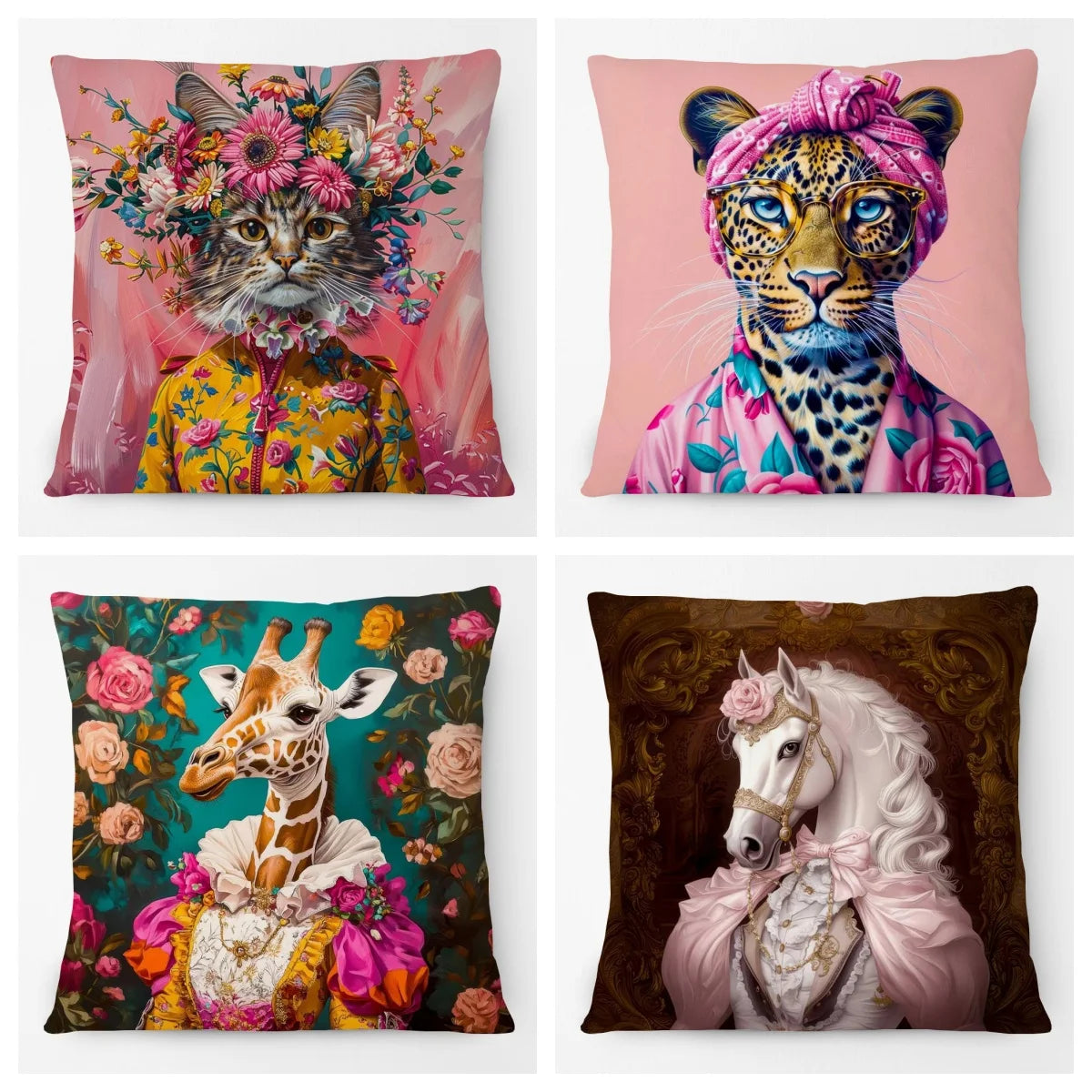 Animals Portrait Poster Pillowcase Horse Dog Fox Flower Giraffe Leopard Tiger Cushion Cover Living Room Square Home Decoration