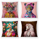 Animals Portrait Poster Pillowcase Horse Dog Fox Flower Giraffe Leopard Tiger Cushion Cover Living Room Square Home Decoration