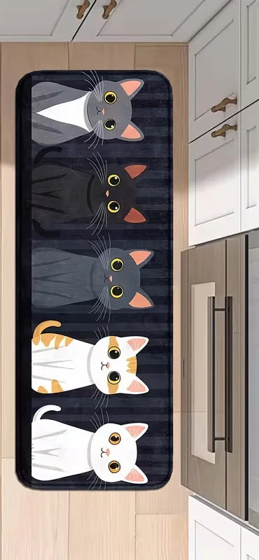 Cat Stripe Cartoon Kitchen Mats Non-Slip Runner Rugs with Playful Cat for Home, Bathroom, and Laundry Room Decor, Bathroom Decor