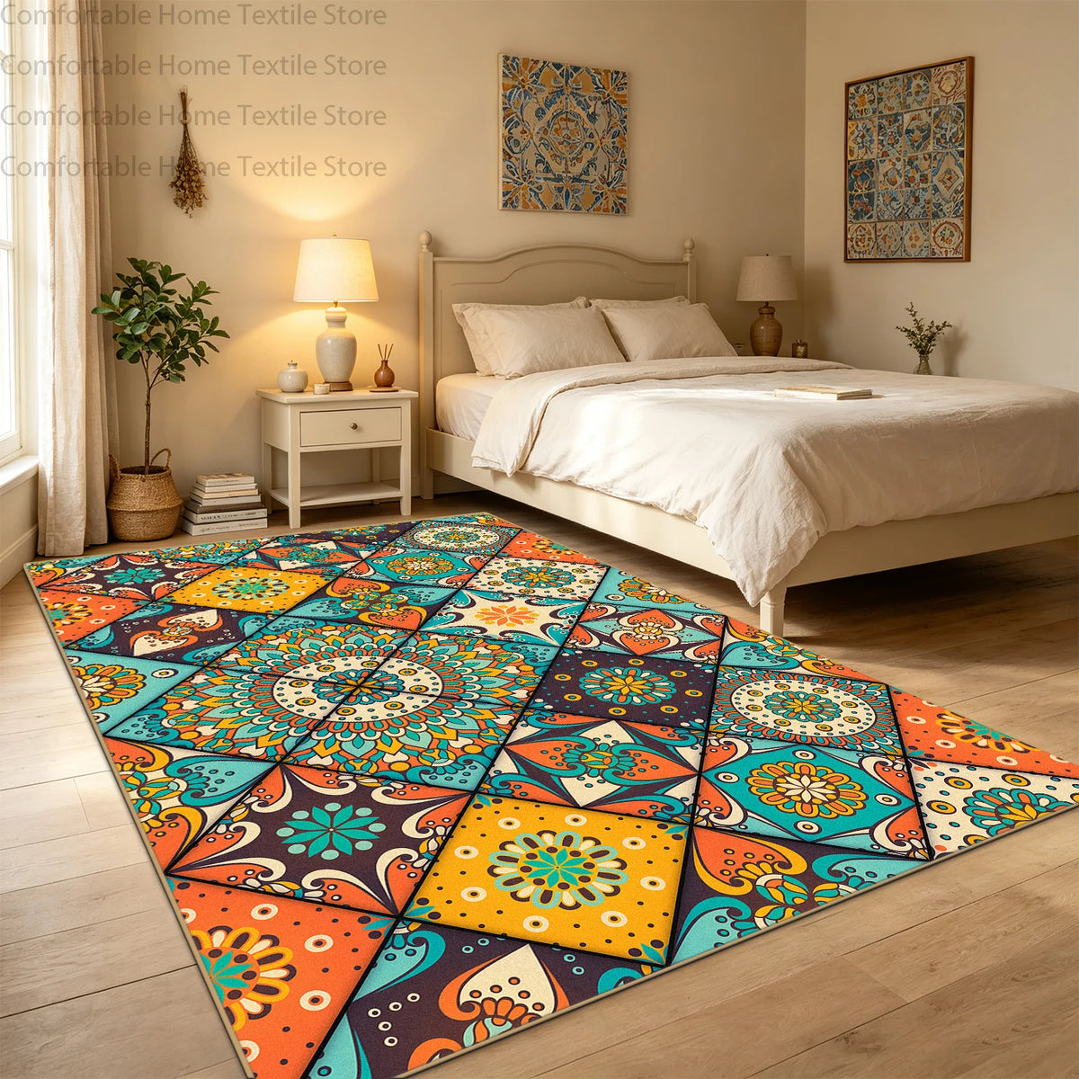 Bohemian Geometric Abstract Style Big Size Rugs for Bedroom Soft Easy Clean Cloakroom Carpet Machine Washable Foldable Patio Mat