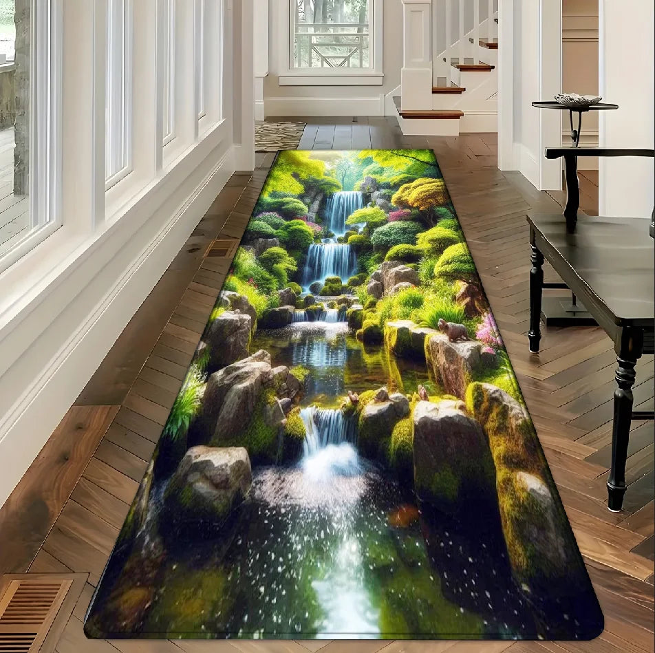 1pc 3D Japanese Garden Waterfall Runner Rug Non Slip  Floor Mat for Hallway Entryway Kitchen Bathroom Laundry Room Home Decor