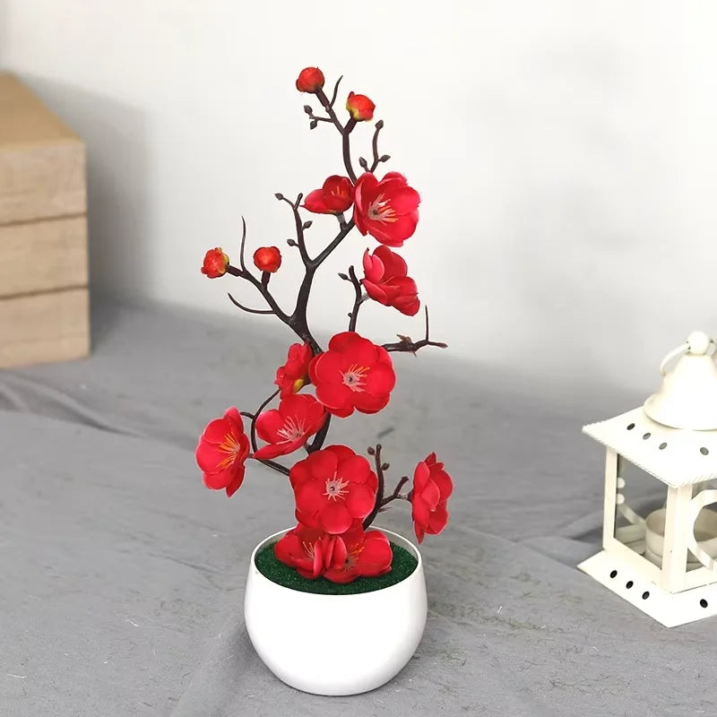 Artificial Plum Blossom Potted Plant, Fake Wintersweet Flower Bonsai for Home Tabletop Decor Chinese Style Floral Ornament