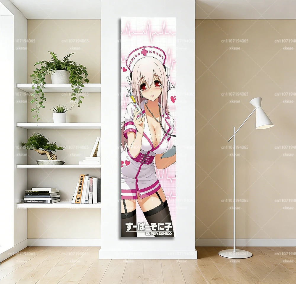 Super Sonico Nurse Cosplay Vertical Wall Tapestry, Anime Girl Long Hanging, Kawaii Pink Decor for Bedroom Dorm & Fan Rooms