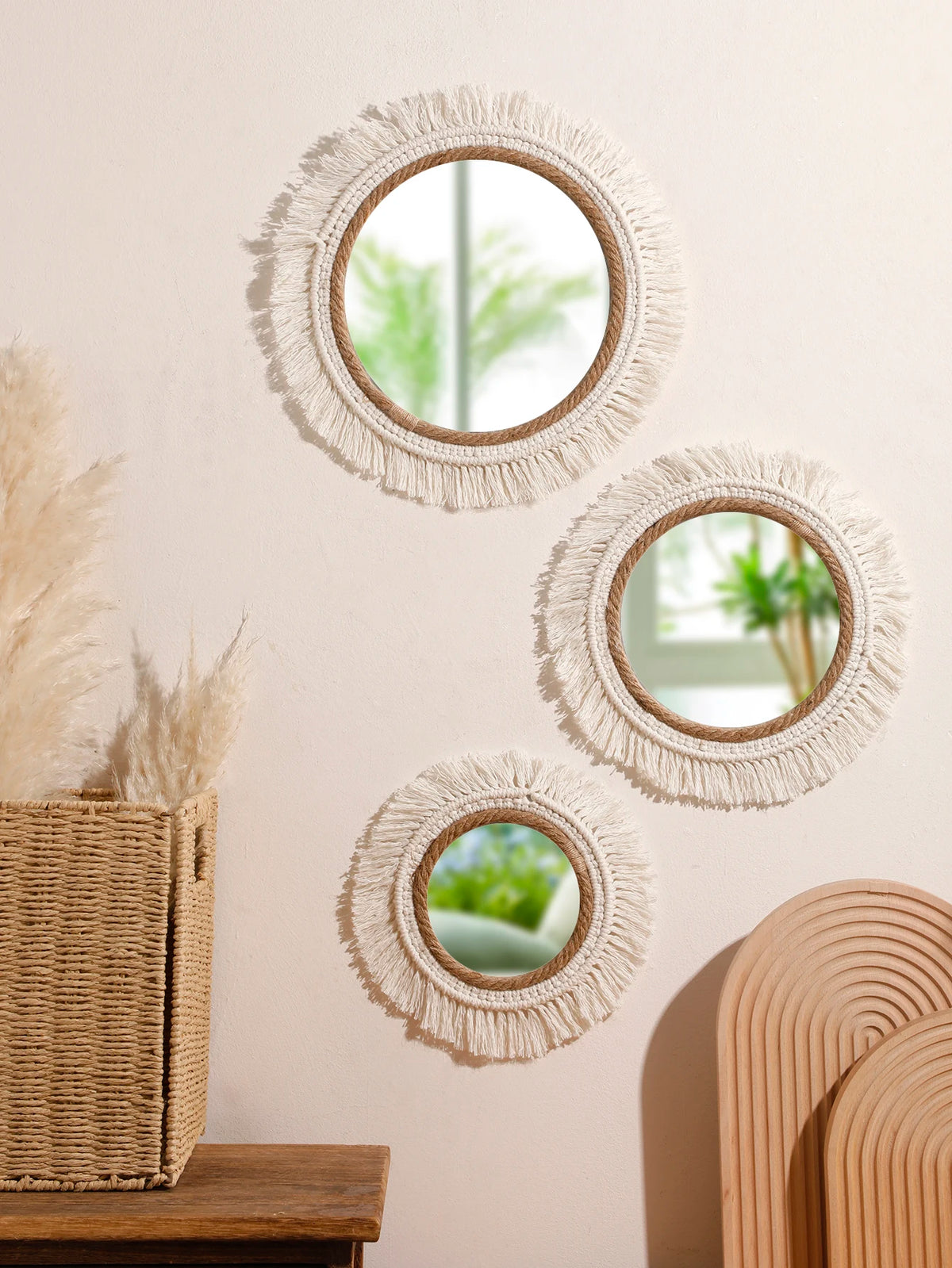 Boho Hand Woven Wall Hanging Tapestry Home Decorative Mirrors Nordic Wall Mirrors Decoration Bedroom Living Room Crafts Decor