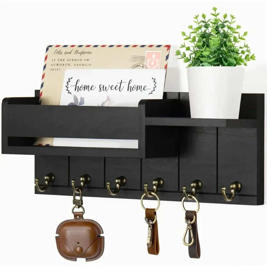 Rustic Wood Key Holder with Shelf Wall Mounted Decorative Key Rack And Mail Organizer 6 Key Hooks for Living Room Entrance