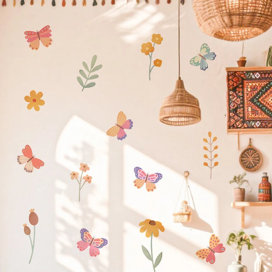 Watercolor Butterfly Flowers Cartoon Wall Sticker Child Room Girls Room Decal Kids Baby Room Bedroom Nursery Vinyl Home Decor