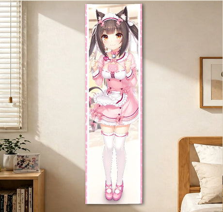 Nekopara Vertical Tapestry, Long Strip Full‑Body Cat‑Ear Maid Character Wall Hanging, Sweet Pink Polyester Wall Cloth for Bedroo