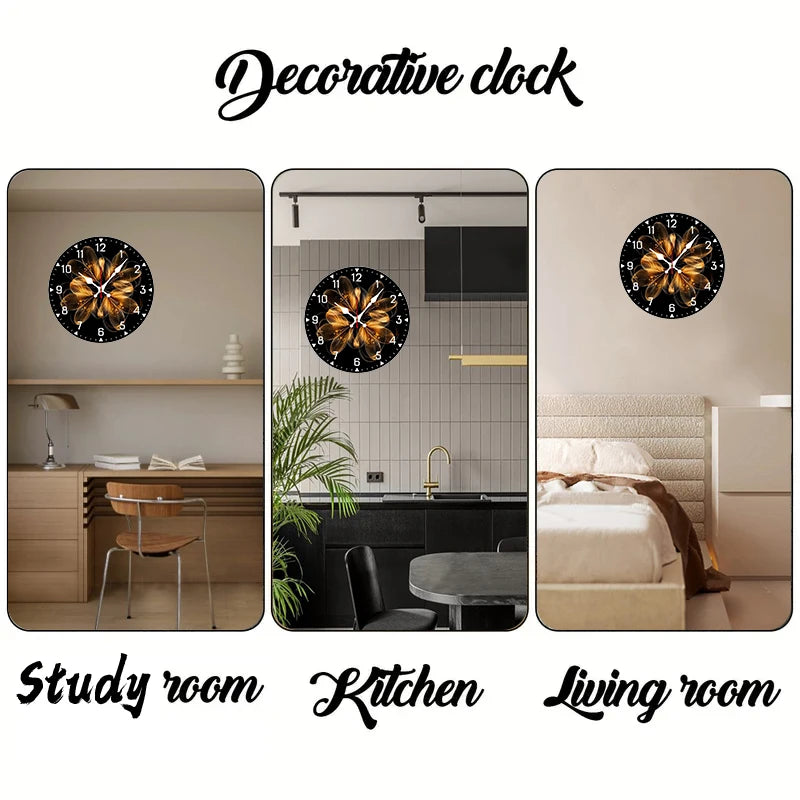 Golden Thread Flower Wooden Round Silent Hanging Wall Clock, Suitable For Living Room,Office,Study Room,Bedroom, Home Decoration