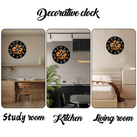 Golden Thread Flower Wooden Round Silent Hanging Wall Clock, Suitable For Living Room,Office,Study Room,Bedroom, Home Decoration