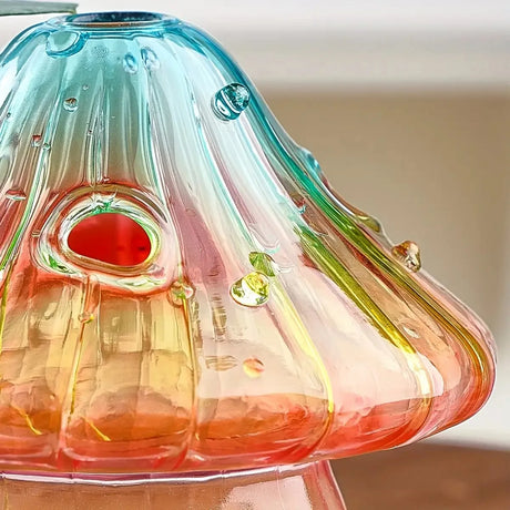 Boho Glass Mushroom Vase - Handcrafted Hydroponic Cylinder Planter for Living & Dining Room, Battery-Free Coffee Shop Decor