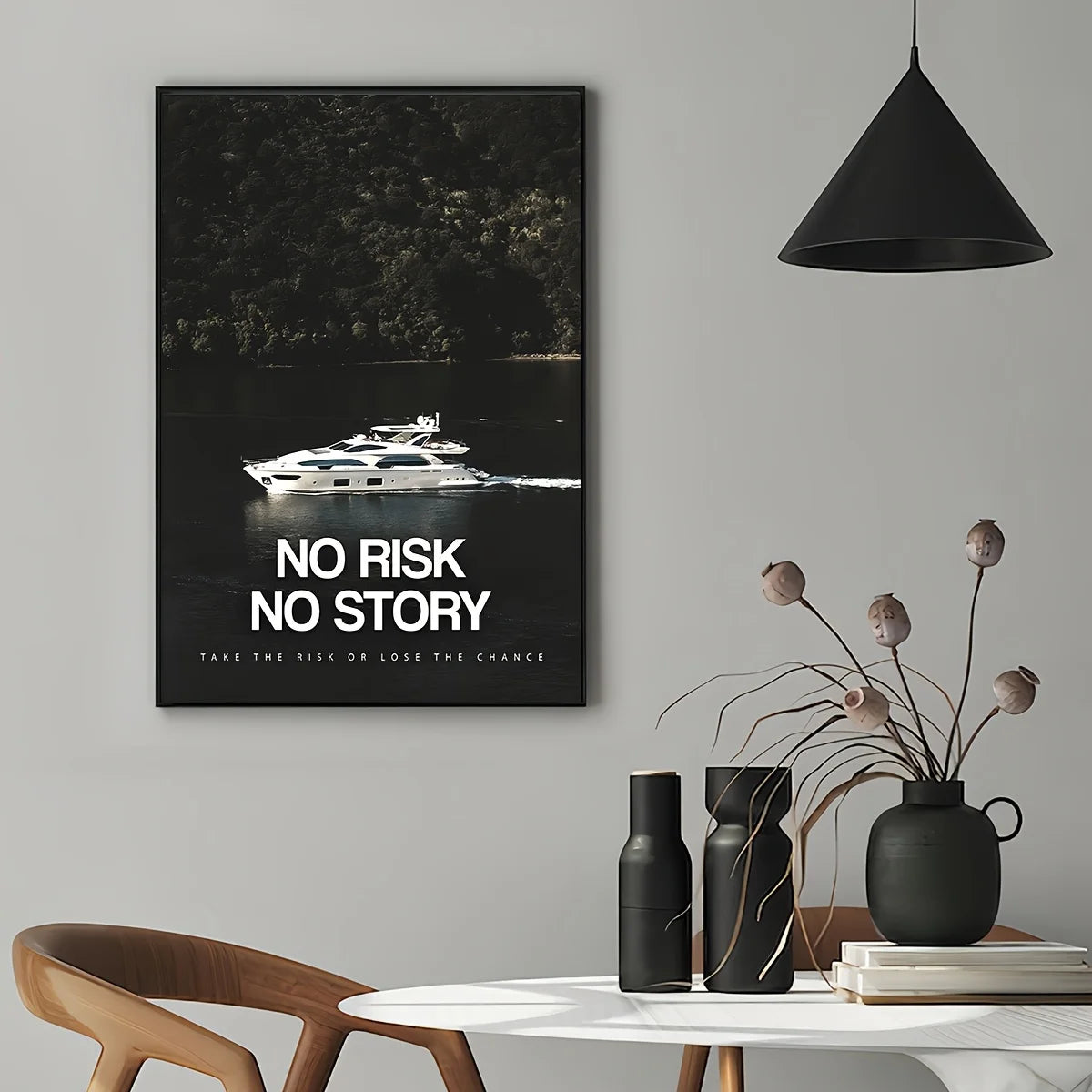 1pc Unframed Canvas Poster - Modern Art "No Risk No Story" Motivational Wall Decor with Luxury Yacht & Nature Scene, High-Qualit