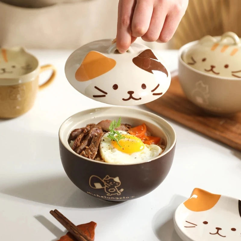 Cartoon Cat Ceramic Instant Noodle Bowl With Lid Underglaze Color Soup Salad Bowl Kitchen Office Student Lunch Box 550ml
