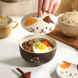 Cartoon Cat Ceramic Instant Noodle Bowl With Lid Underglaze Color Soup Salad Bowl Kitchen Office Student Lunch Box 550ml