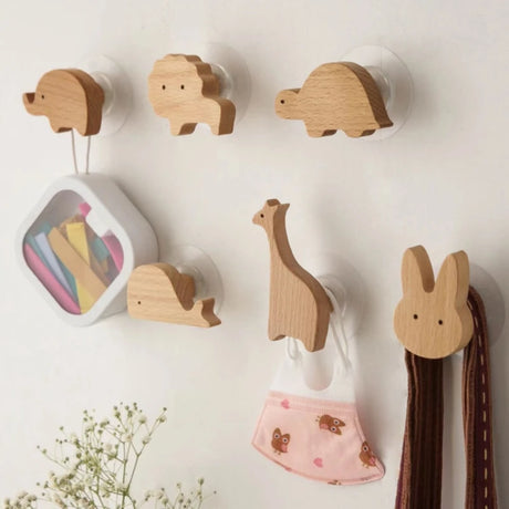 Cute Wall Wooden Hooks Children's Room Animal Hook Wall Keychain Coat Hook Home Decoration Solid Wood Hook Hanger Kitchen Access
