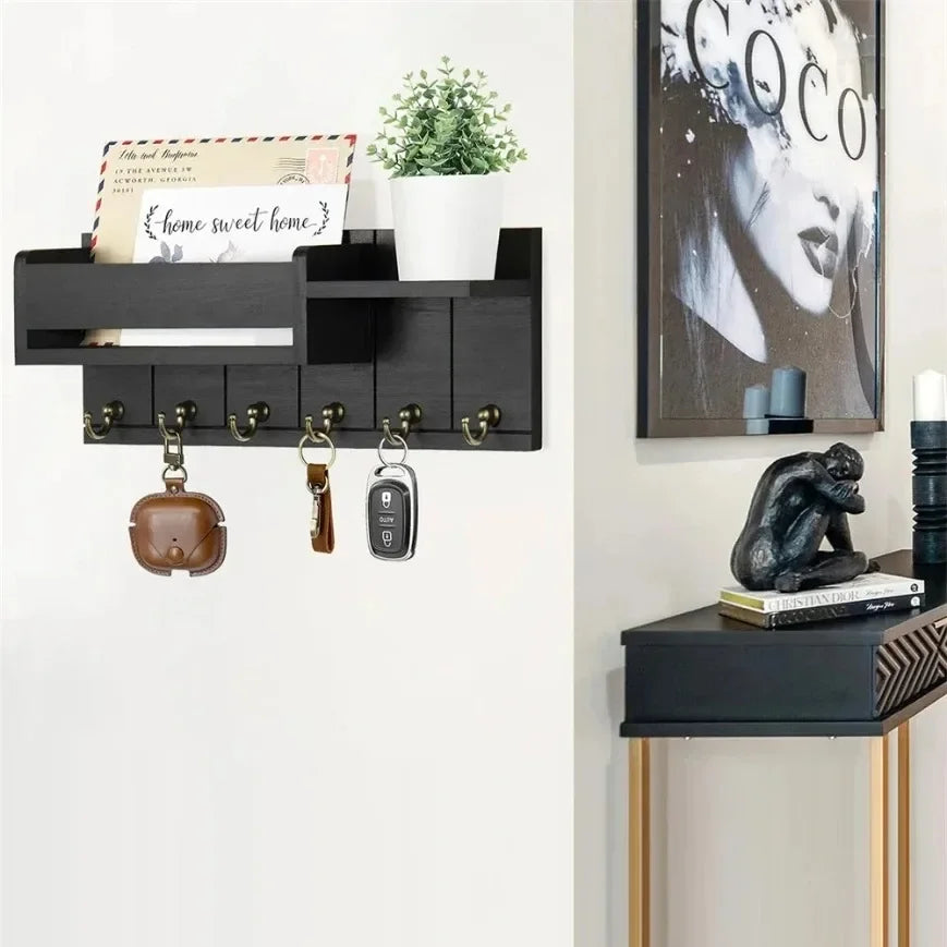 Rustic Wood Key Holder with Shelf Wall Mounted Decorative Key Rack And Mail Organizer 6 Key Hooks for Living Room Entrance