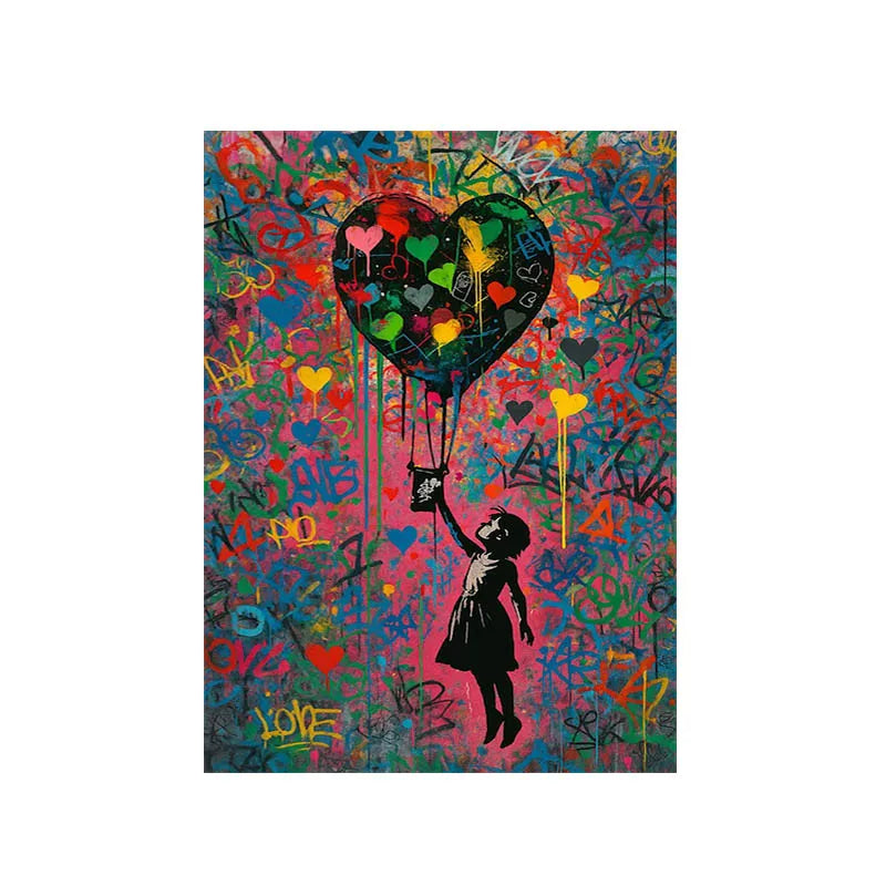 Girl with Heart Balloon Canvas Print, Graffiti Street Art, Colorful Balloon Girl Vibrant Heart-Shaped, Urban Street Art Decor