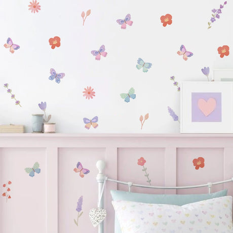 Watercolor Butterfly Flowers Cartoon Wall Sticker Child Room Girls Room Decal Kids Baby Room Bedroom Nursery Vinyl Home Decor