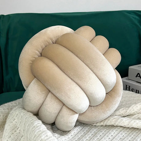 Cozy Hand-woven Knotted Pillow Golden Velvet Three-strand Rope Cushion for Sofa