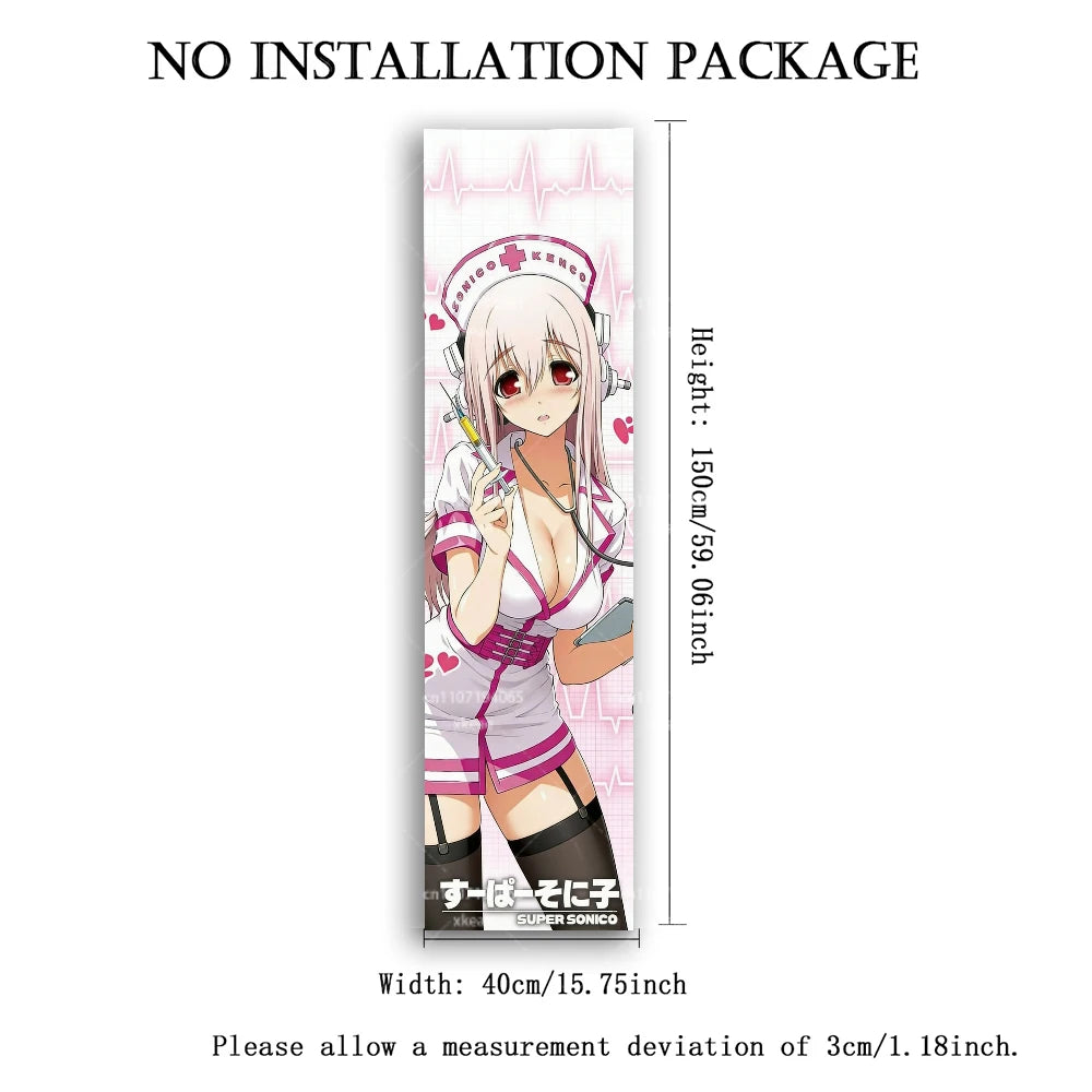 Super Sonico Nurse Cosplay Vertical Wall Tapestry, Anime Girl Long Hanging, Kawaii Pink Decor for Bedroom Dorm & Fan Rooms