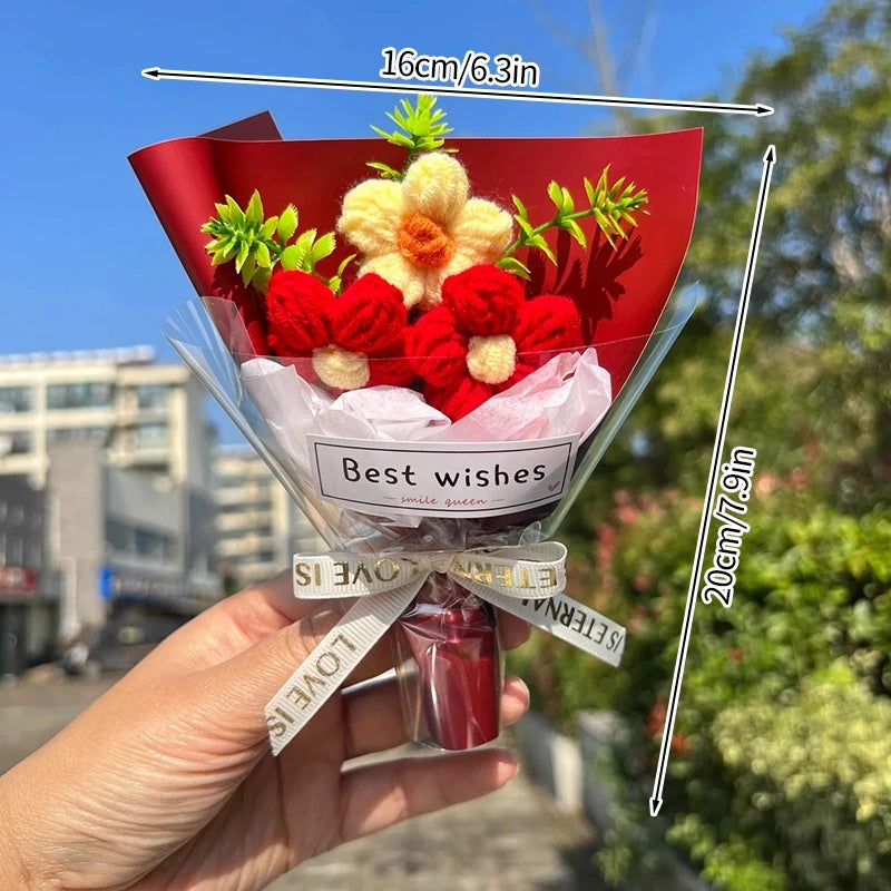Knitted Flower Bouquet Crochet Rose Flowers Hugging Bucket New Year Gifts Living Room Desk Decoration Mother's Day Gift