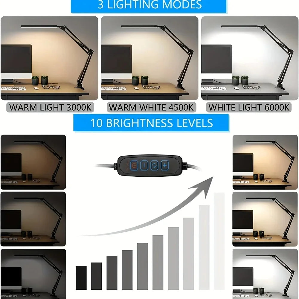 LED Desk Lamp for Home,Reading,Adjustable Eye-Caring Desk Light with Clamp, 3 Color Modes,10 Brightness Table Lamps