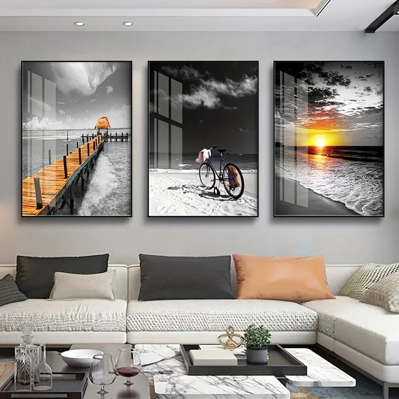3PCS Frameless Canvas Beach Sunrise Paintings Prints Black White Landscape Pictures Modern Pictures for Bedroom Living Room Home