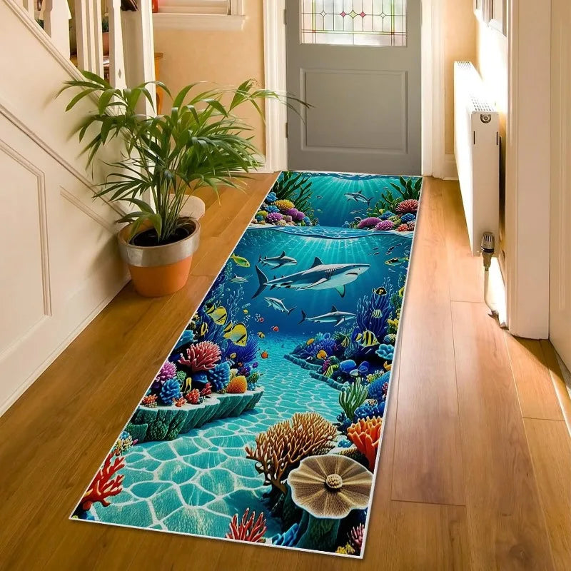 2D Ocean World Long Runner Rug Shark Coral Reef Fish Print Carpet Soft Non-Slip Underwater Adventure Home Decor Hallway Mat