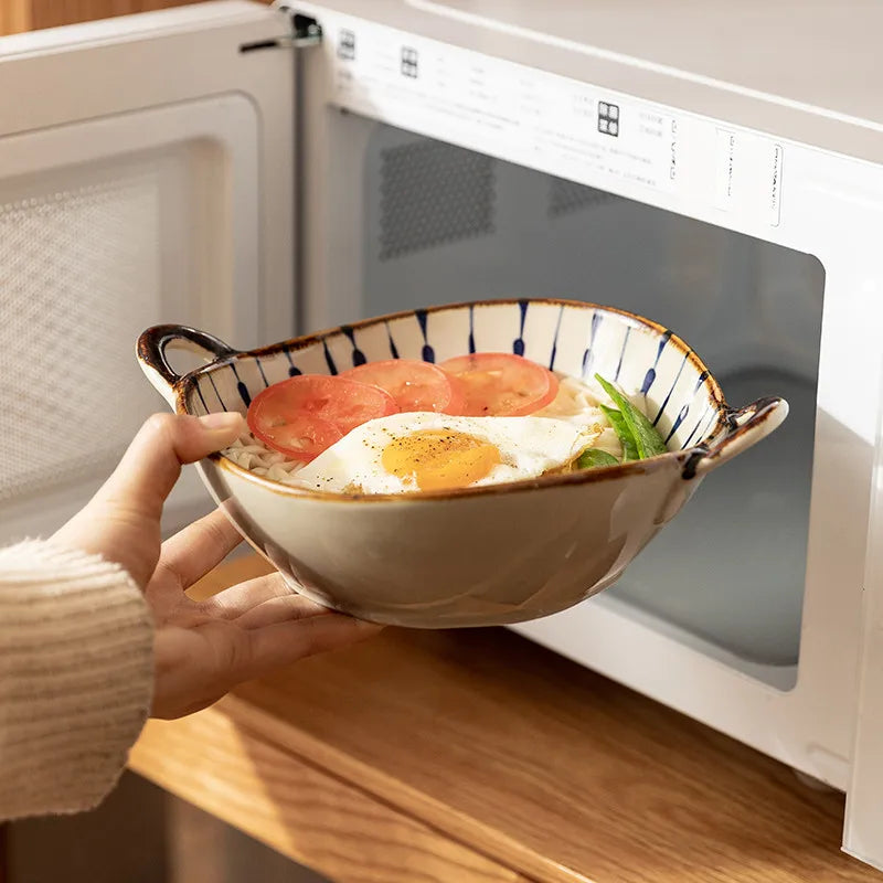 7.5inch Household Noodle Bowl Ceramic Soup Bowl With Handle Salad Pasta Bowl Kitchen Tableware Microwave Oven Bakware