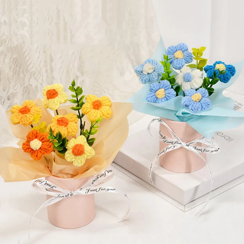 Knitted Flower Bouquet Crochet Rose Flowers Hugging Bucket New Year Gifts Living Room Desk Decoration Mother's Day Gift