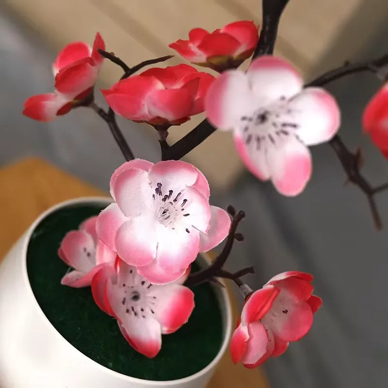 Artificial Plum Blossom Potted Plant, Fake Wintersweet Flower Bonsai for Home Tabletop Decor Chinese Style Floral Ornament