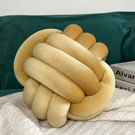 Cozy Hand-woven Knotted Pillow Golden Velvet Three-strand Rope Cushion for Sofa