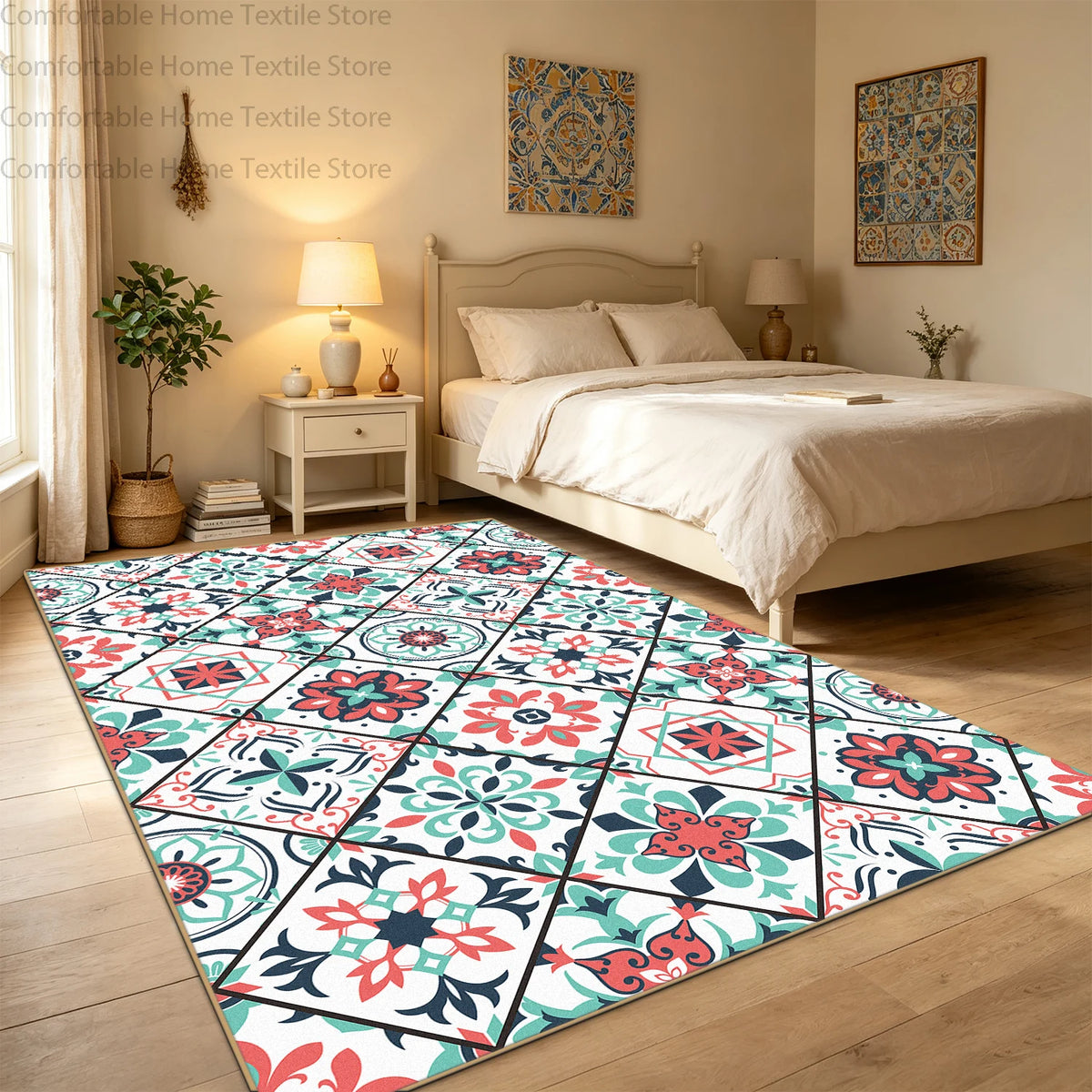 Bohemian Geometric Abstract Style Big Size Rugs for Bedroom Soft Easy Clean Cloakroom Carpet Machine Washable Foldable Patio Mat