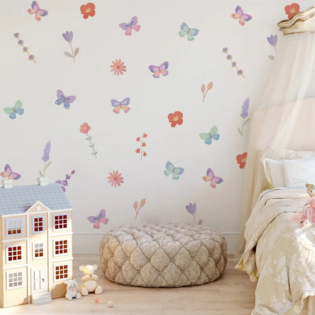 Watercolor Butterfly Flowers Cartoon Wall Sticker Child Room Girls Room Decal Kids Baby Room Bedroom Nursery Vinyl Home Decor