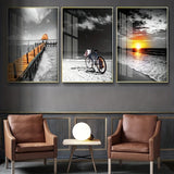 3PCS Frameless Canvas Beach Sunrise Paintings Prints Black White Landscape Pictures Modern Pictures for Bedroom Living Room Home
