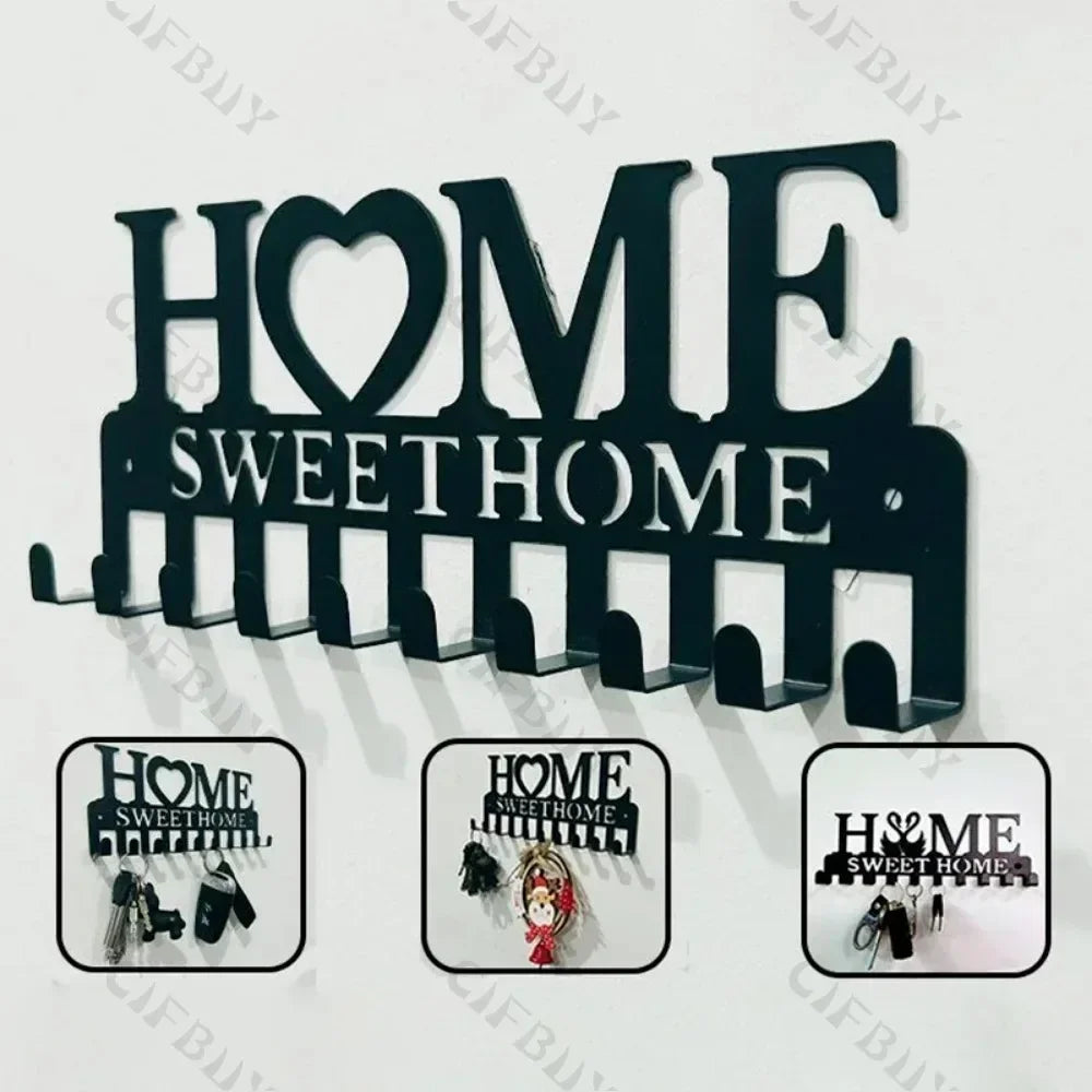 "Home Love" Shaped Key Holder with Hooks - No-Drill Wall Mount, Metal Organizer for Living Room Decor,Key Rack | Key Hanger Wall