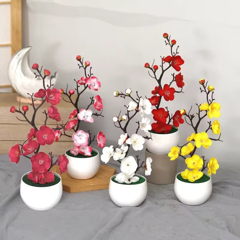 Artificial Plum Blossom Potted Plant, Fake Wintersweet Flower Bonsai for Home Tabletop Decor Chinese Style Floral Ornament