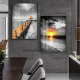 3PCS Frameless Canvas Beach Sunrise Paintings Prints Black White Landscape Pictures Modern Pictures for Bedroom Living Room Home