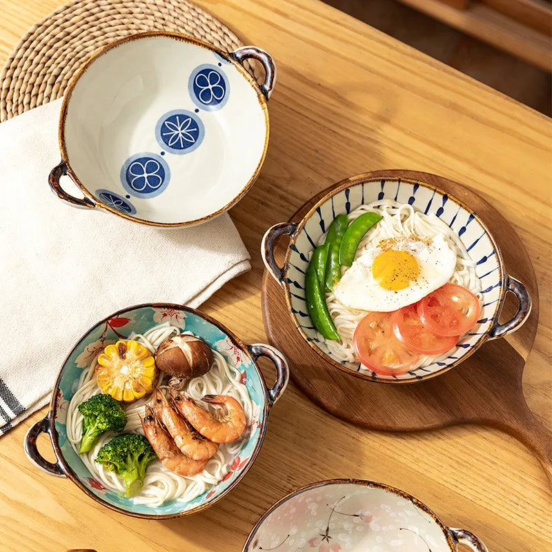 7.5inch Household Noodle Bowl Ceramic Soup Bowl With Handle Salad Pasta Bowl Kitchen Tableware Microwave Oven Bakware