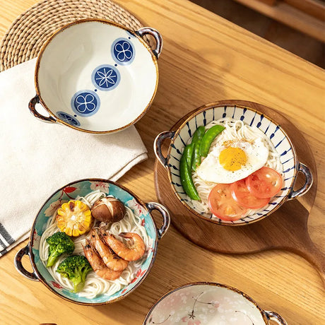 7.5inch Household Noodle Bowl Ceramic Soup Bowl With Handle Salad Pasta Bowl Kitchen Tableware Microwave Oven Bakware
