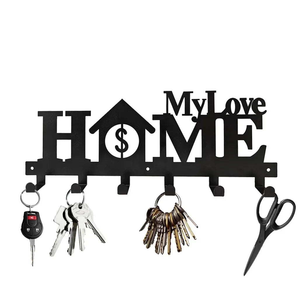 "Home Love" Shaped Key Holder with Hooks - No-Drill Wall Mount, Metal Organizer for Living Room Decor,Key Rack | Key Hanger Wall