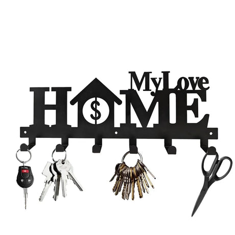 "Home Love" Shaped Key Holder with Hooks - No-Drill Wall Mount, Metal Organizer for Living Room Decor,Key Rack | Key Hanger Wall