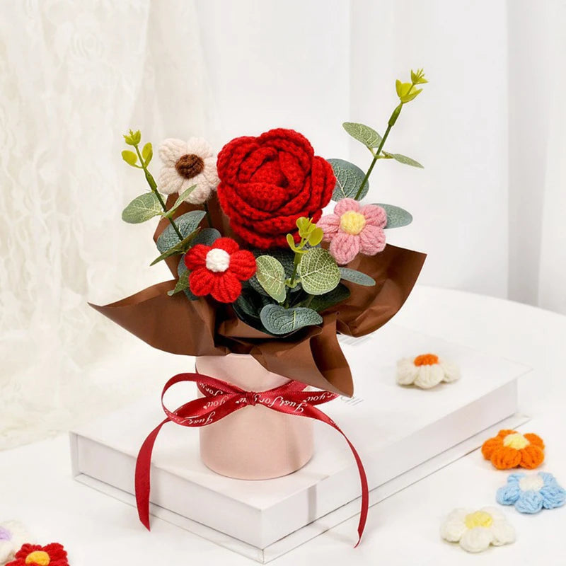 Knitted Flower Bouquet Crochet Rose Flowers Hugging Bucket New Year Gifts Living Room Desk Decoration Mother's Day Gift
