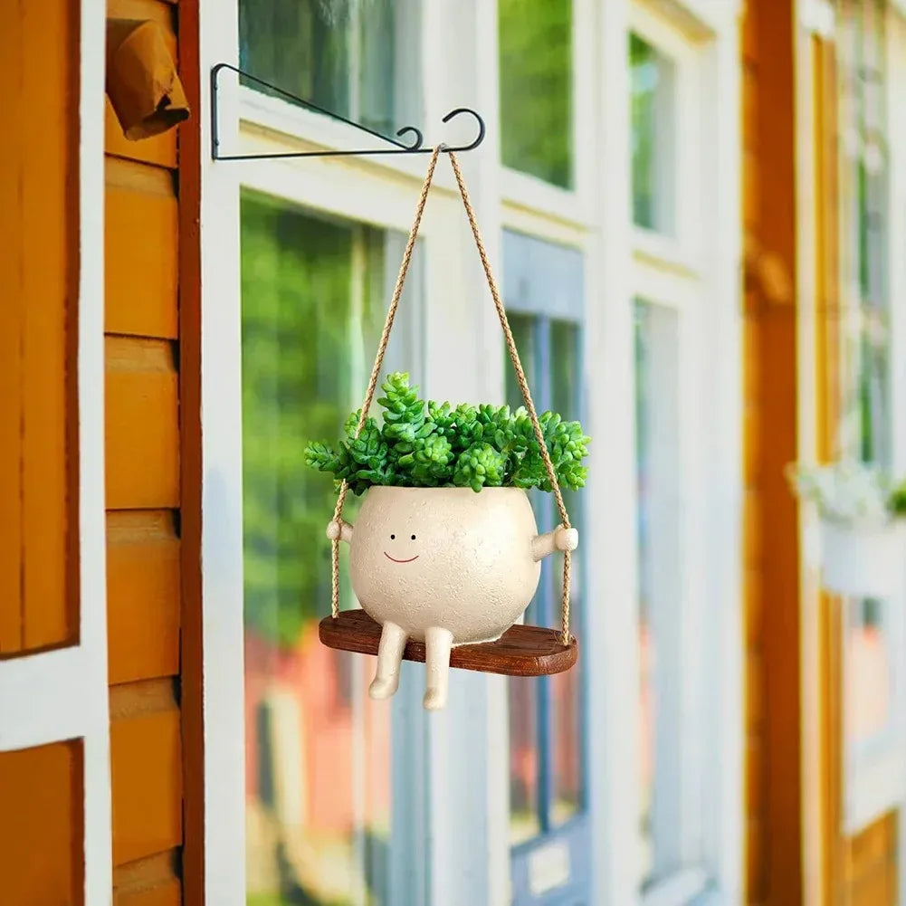 Resin Cartoon Swing Wall Hanging Flowerpot - Creative Head Planter for Home Garden Patio Decor, Multifunctional Outdoor Planters