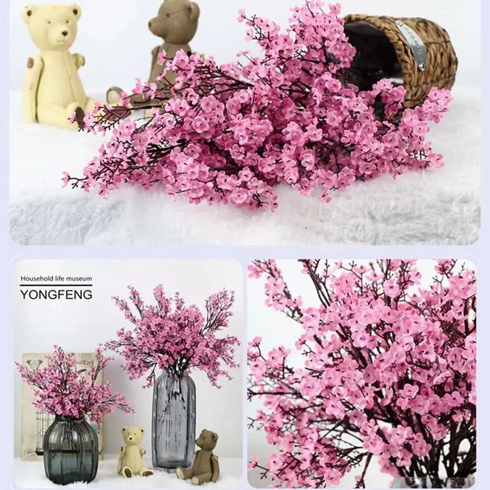 Pink Fake Cherry Blossoms & Gypsophila (Artificial Plants) - For DIY Wedding Bouquet, Home Decor & Christmas Branch