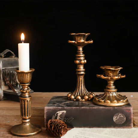 Vintage Taper Candle Holders - Antique Bronze Finish Resin Candle Sticks for Wedding, Dinner Party, Table Centerpiece Decor
