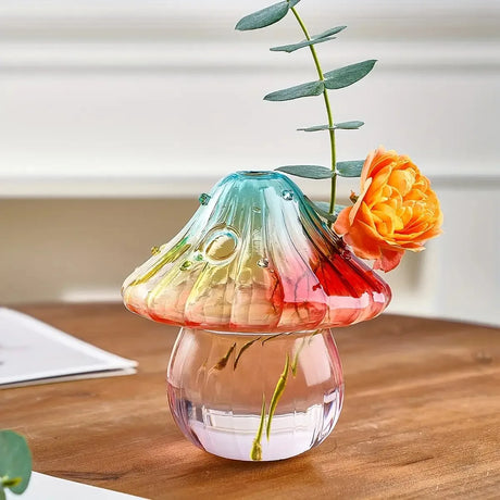 Boho Glass Mushroom Vase - Handcrafted Hydroponic Cylinder Planter for Living & Dining Room, Battery-Free Coffee Shop Decor