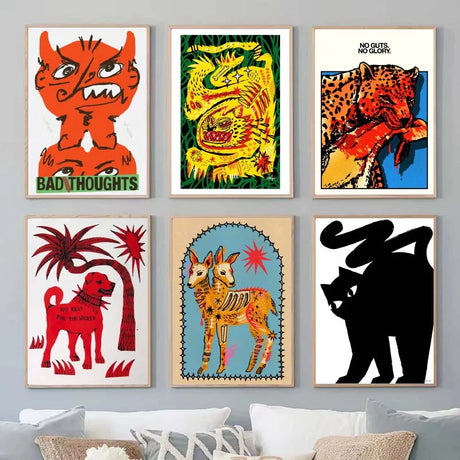 Vintage Abstract Animals Print Posters Mid Century Wall Art Canvas Painting Pictures for Living Room Bedroom Home Decor No Frame