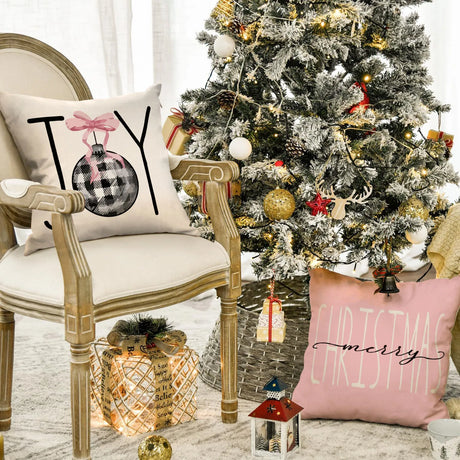 1/4pcs Christmas Pillow Cover, Pink Printed Cushion Cover, Farmhouse Decorative Sofa, Christmas Decoration (without Pillow Core)
