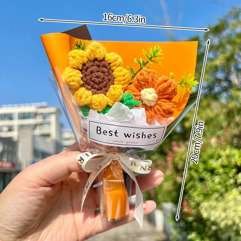 Knitted Flower Bouquet Crochet Rose Flowers Hugging Bucket New Year Gifts Living Room Desk Decoration Mother's Day Gift